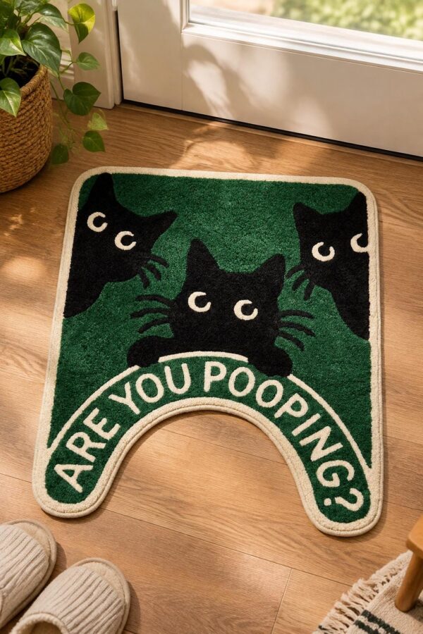 etsy-4580826901-01 Funny Cat Bathroom Rug, Black Cat Toilet Mat, Polyester Tufted (24x20 in)