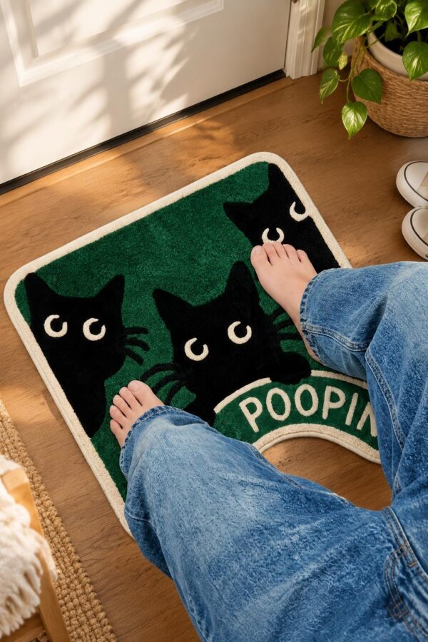 etsy-4580826901-03 Funny Cat Bathroom Rug, Black Cat Toilet Mat, Polyester Tufted (24x20 in)