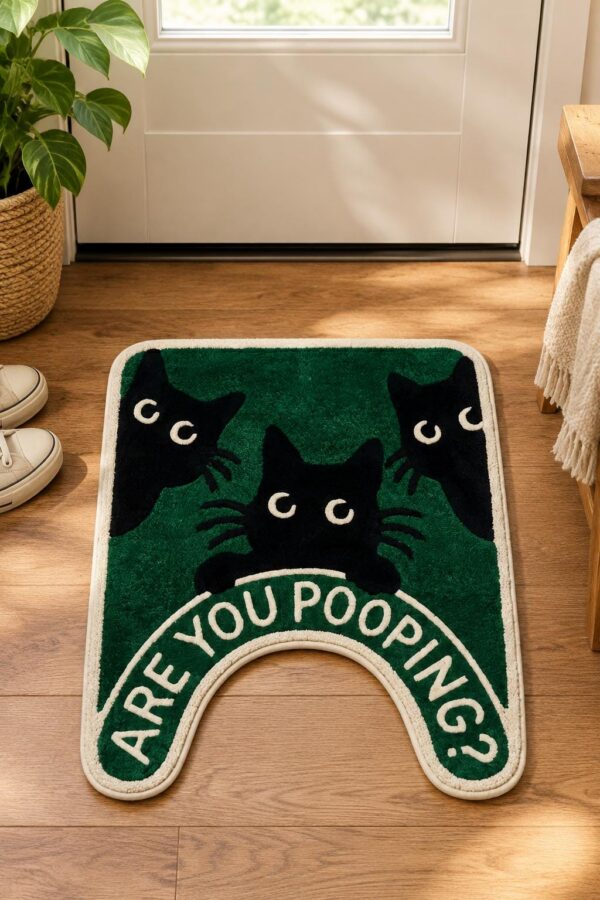etsy-4580826901-05 Funny Cat Bathroom Rug, Black Cat Toilet Mat, Polyester Tufted (24x20 in)