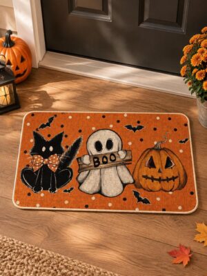 etsy-4591750355-01 Halloween Cat Ghost Pumpkin Doormat, 17x29 Inch, Non-Slip, Stain Resistant
