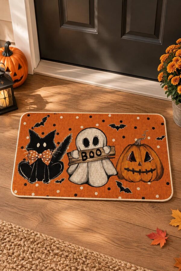 etsy-4591750355-01 Halloween Cat Ghost Pumpkin Doormat, 17x29 Inch, Non-Slip, Stain Resistant