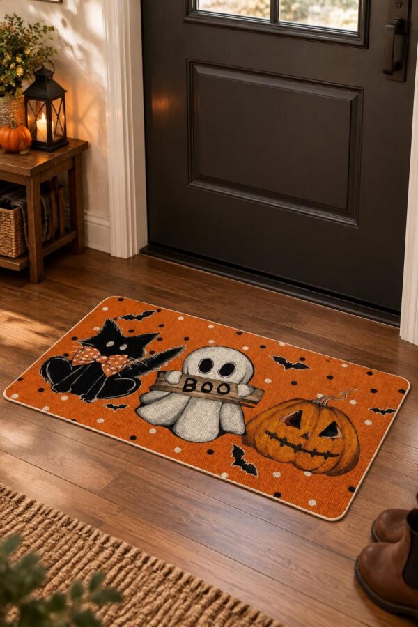 etsy-4591750355-02 Halloween Cat Ghost Pumpkin Doormat, 17x29 Inch, Non-Slip, Stain Resistant
