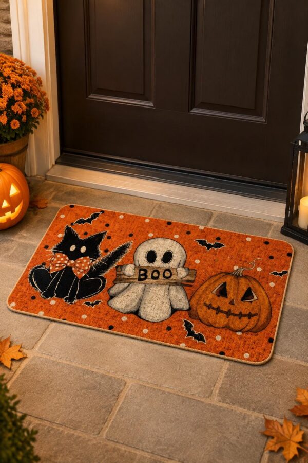 etsy-4591750355-04 Halloween Cat Ghost Pumpkin Doormat, 17x29 Inch, Non-Slip, Stain Resistant