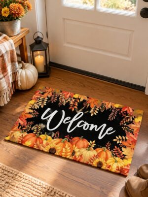 etsy-4593483173-01 Fall Welcome Doormat, Maple Leaves and Pumpkins, Non-Slip Polyester Mat (29x17in)