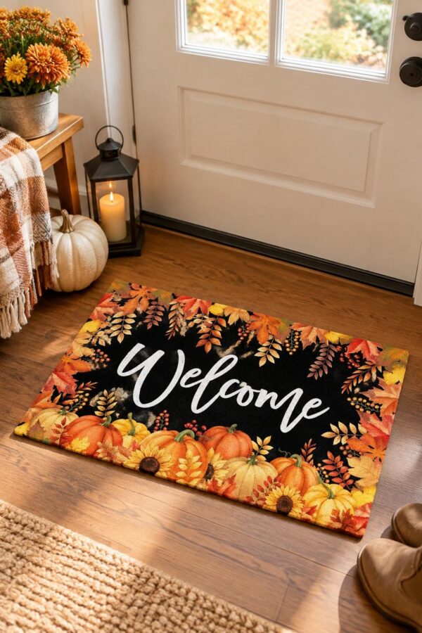 etsy-4593483173-01 Fall Welcome Doormat, Maple Leaves and Pumpkins, Non-Slip Polyester Mat (29x17in)