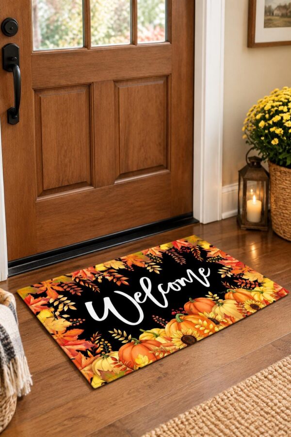 etsy-4593483173-02 Fall Welcome Doormat, Maple Leaves and Pumpkins, Non-Slip Polyester Mat (29x17in)