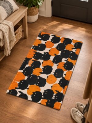 Pumpkin Cat Halloween Area Rug, Black Orange Velvet, Non-Slip (2x3 Foot)
