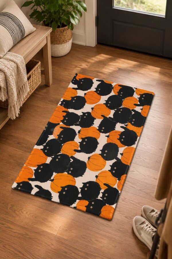 etsy-4593560033-01 Pumpkin Cat Halloween Area Rug, Black Orange Velvet, Non-Slip (2x3 Foot)