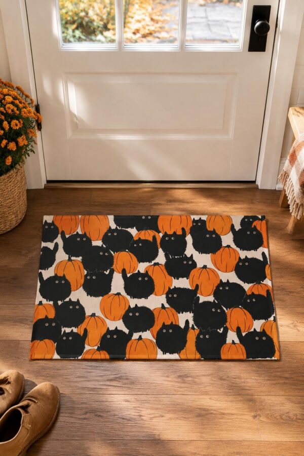 etsy-4593560033-02 Pumpkin Cat Halloween Area Rug, Black Orange Velvet, Non-Slip (2x3 Foot)