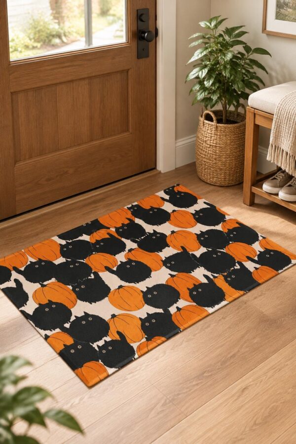 etsy-4593560033-03 Pumpkin Cat Halloween Area Rug, Black Orange Velvet, Non-Slip (2x3 Foot)