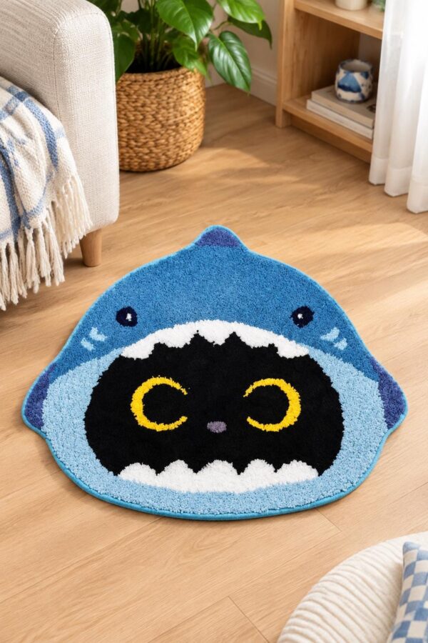Shark Cat Bath Rug, Soft Tufted Microfiber, Non-Slip Rubber Backing (24x20 in)