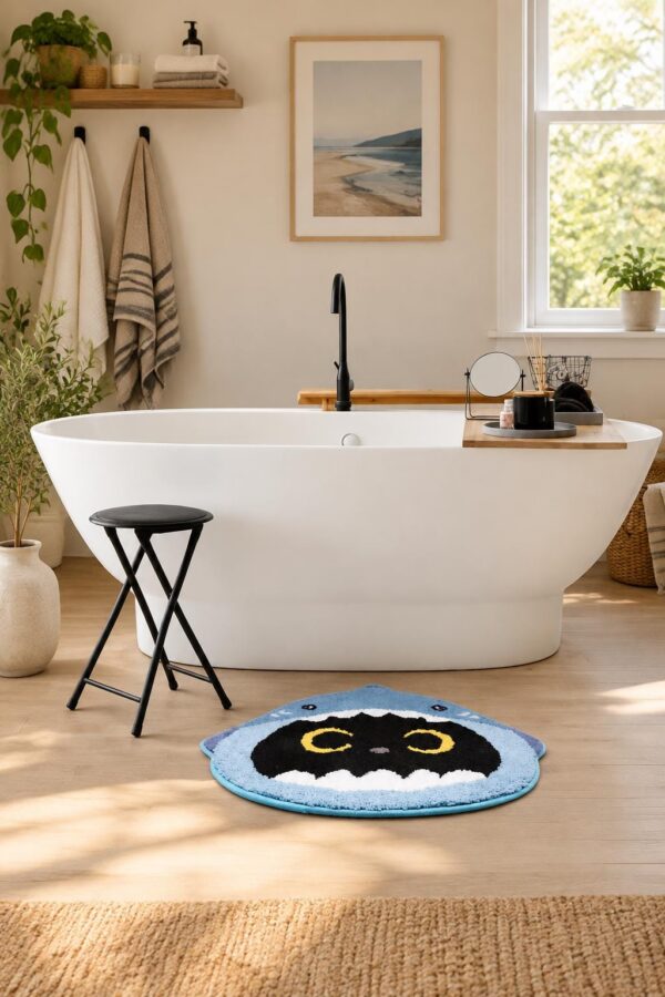 Shark Cat Bath Rug, Soft Tufted Microfiber, Non-Slip Rubber Backing (24x20 in)