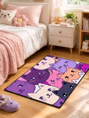 Purple Cartoon Cat Rug, Polyester Area Carpet for Bedroom (2.5x4 Feet)