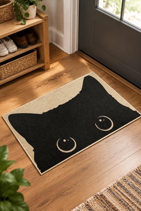 etsy-4594211060-02 Black Cat Door Mat, Microfiber Welcome Rug (17x30 Inch)