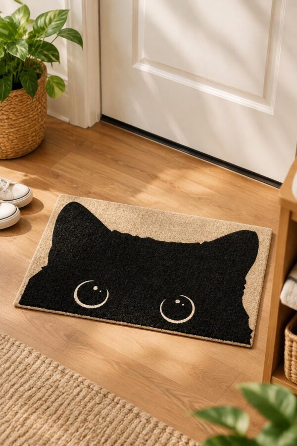 etsy-4594211060-04 Black Cat Door Mat, Microfiber Welcome Rug (17x30 Inch)