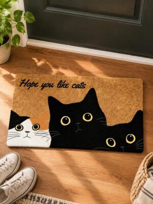 etsy-4594214230-01 Black Cat Faux Coir Doormat, Non-Slip Absorbent Entryway Mat (30x17)