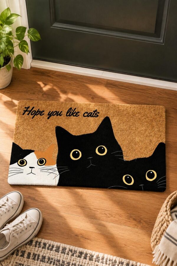 etsy-4594214230-01 Black Cat Faux Coir Doormat, Non-Slip Absorbent Entryway Mat (30x17)