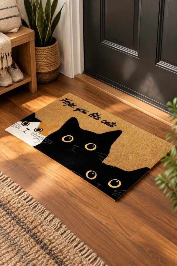 etsy-4594214230-02 Black Cat Faux Coir Doormat, Non-Slip Absorbent Entryway Mat (30x17)