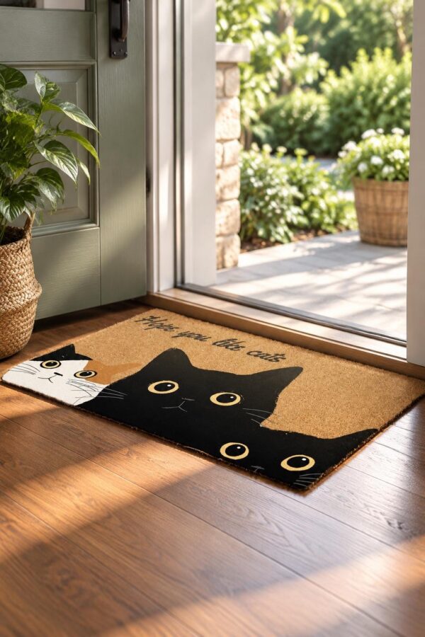 etsy-4594214230-04 Black Cat Faux Coir Doormat, Non-Slip Absorbent Entryway Mat (30x17)
