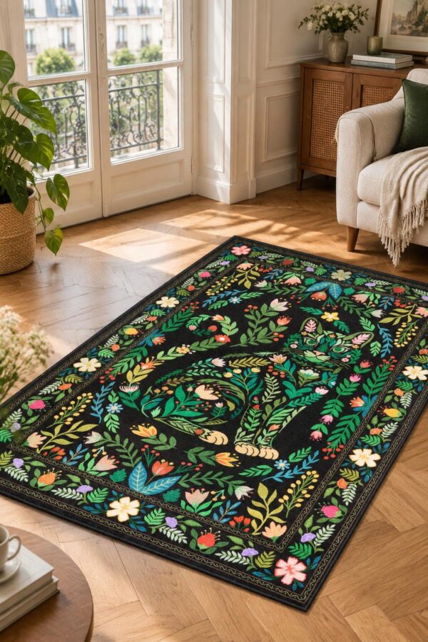 etsy-4594893543-04 Washable Boho Floral Cat Doormat, 2x3 Beige Area Rug