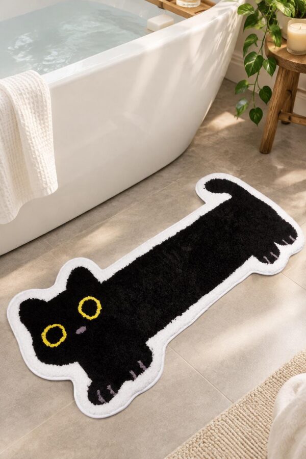 etsy-4594909141-02 Black Cat Bath Mat, Tufted TPR, Machine Washable, Non-Slip (47 x 20 in)