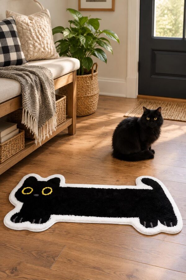 etsy-4594909141-05 Black Cat Bath Mat, Tufted TPR, Machine Washable, Non-Slip (47 x 20 in)