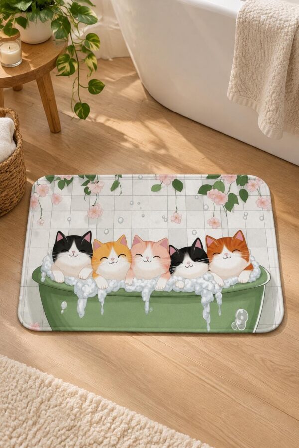 Diatomaceous Earth Bathroom Rug, 17x29.5 Inch, Quick Dry, Non-Slip, Pink Cat Design