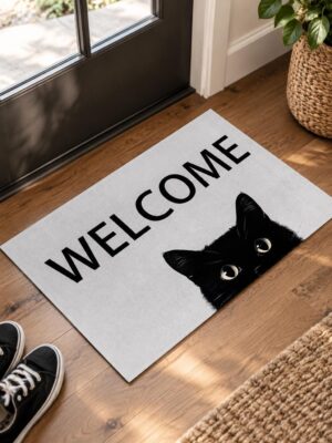 etsy-4594926812-01 Cat Welcome Door Mat, 17x29.5 Inch Non-Slip Polyester Rug (Black)