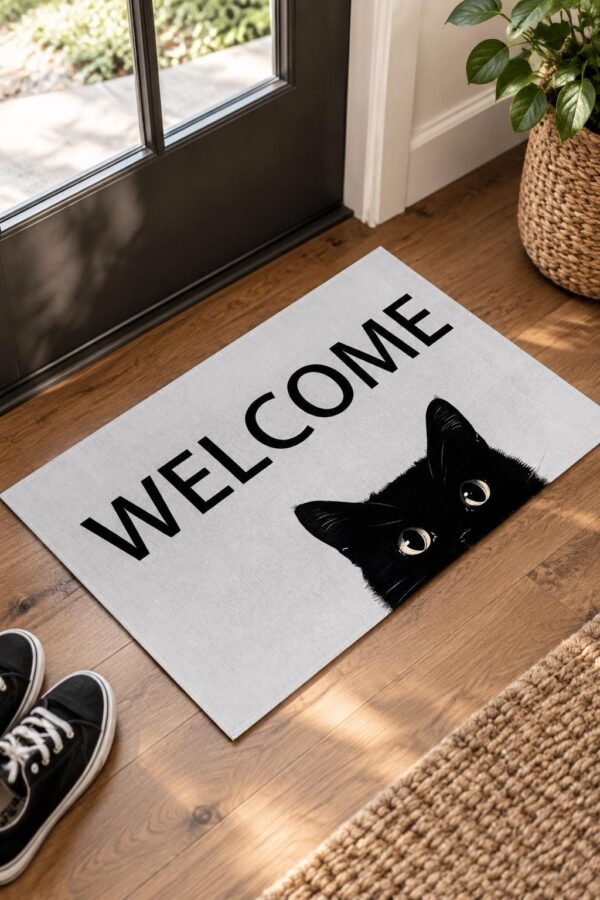 etsy-4594926812-01 Cat Welcome Door Mat, 17x29.5 Inch Non-Slip Polyester Rug (Black)