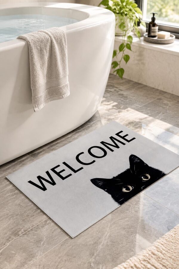etsy-4594926812-02 Cat Welcome Door Mat, 17x29.5 Inch Non-Slip Polyester Rug (Black)