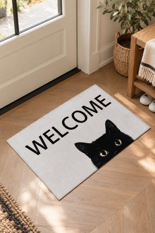 etsy-4594926812-03 Cat Welcome Door Mat, 17x29.5 Inch Non-Slip Polyester Rug (Black)