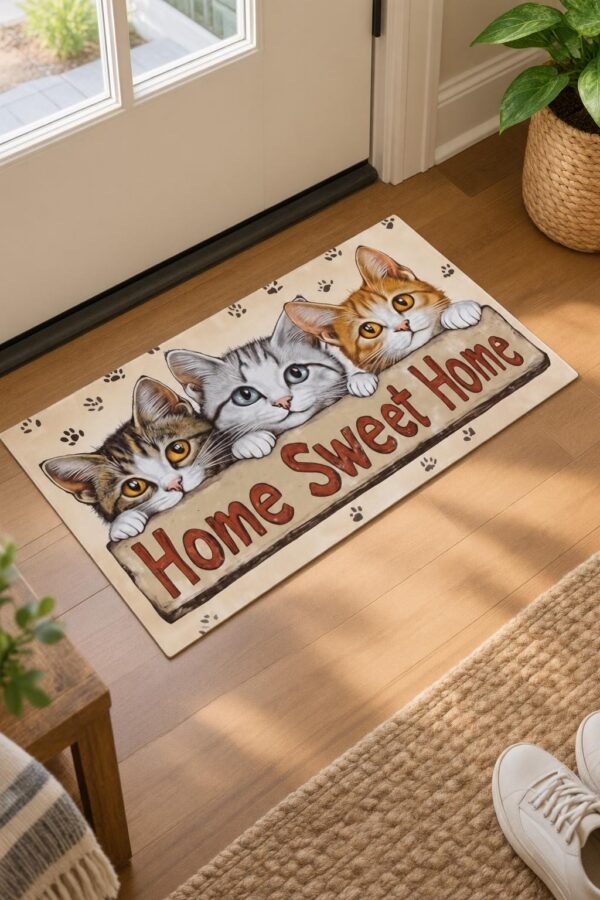 Home Sweet Home Cat Door Mat, 17x29.5in, Machine Washable Indoor Rug
