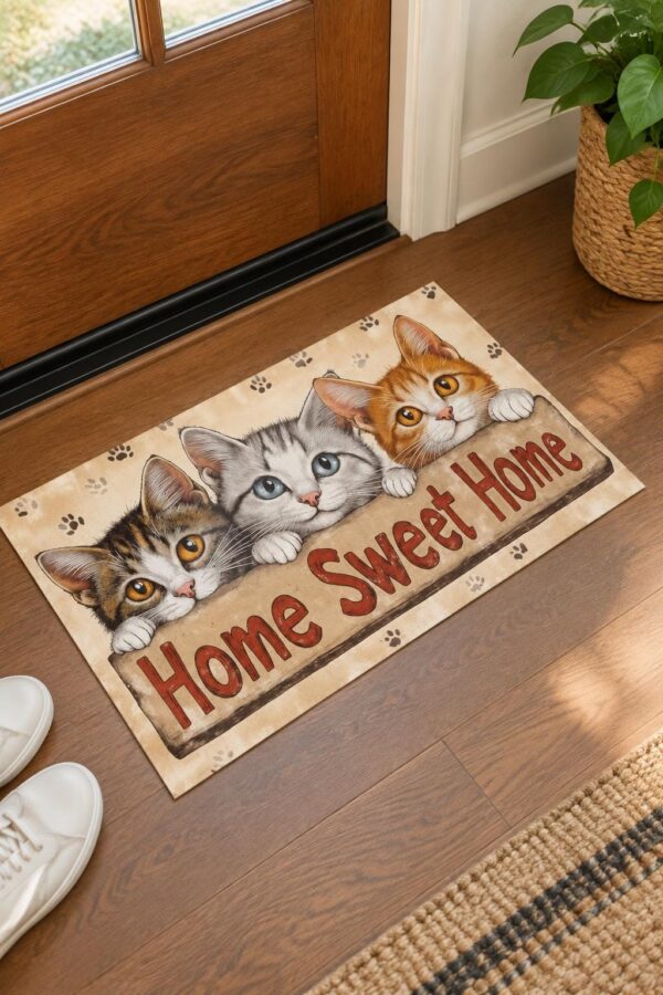 Home Sweet Home Cat Door Mat, 17x29.5in, Machine Washable Indoor Rug