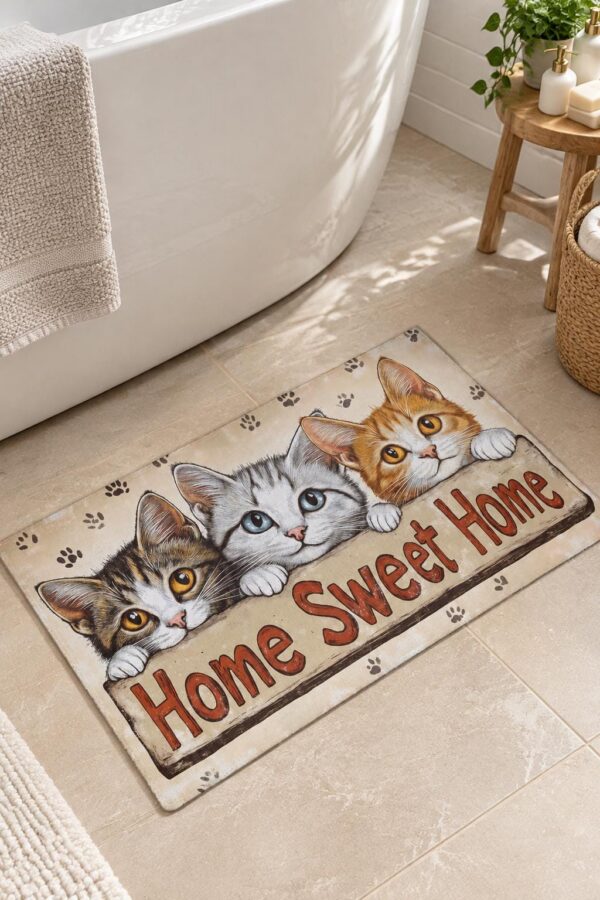 Home Sweet Home Cat Door Mat, 17x29.5in, Machine Washable Indoor Rug