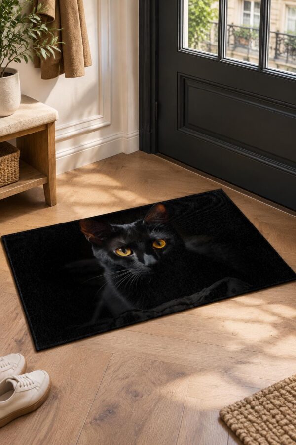 Black Cat Indoor Door Mat, 29.5x17in, Non-Slip PVC Floor Rug