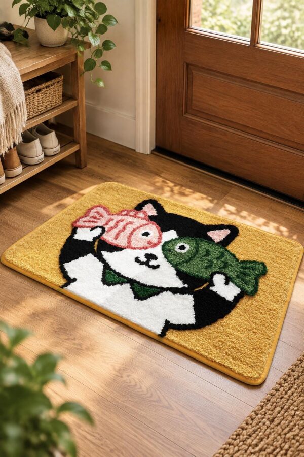 etsy-4595085474-02 Funny Cat Fish Bath Mat, 32 x 20 in Non-Slip Area Rug (Washable)
